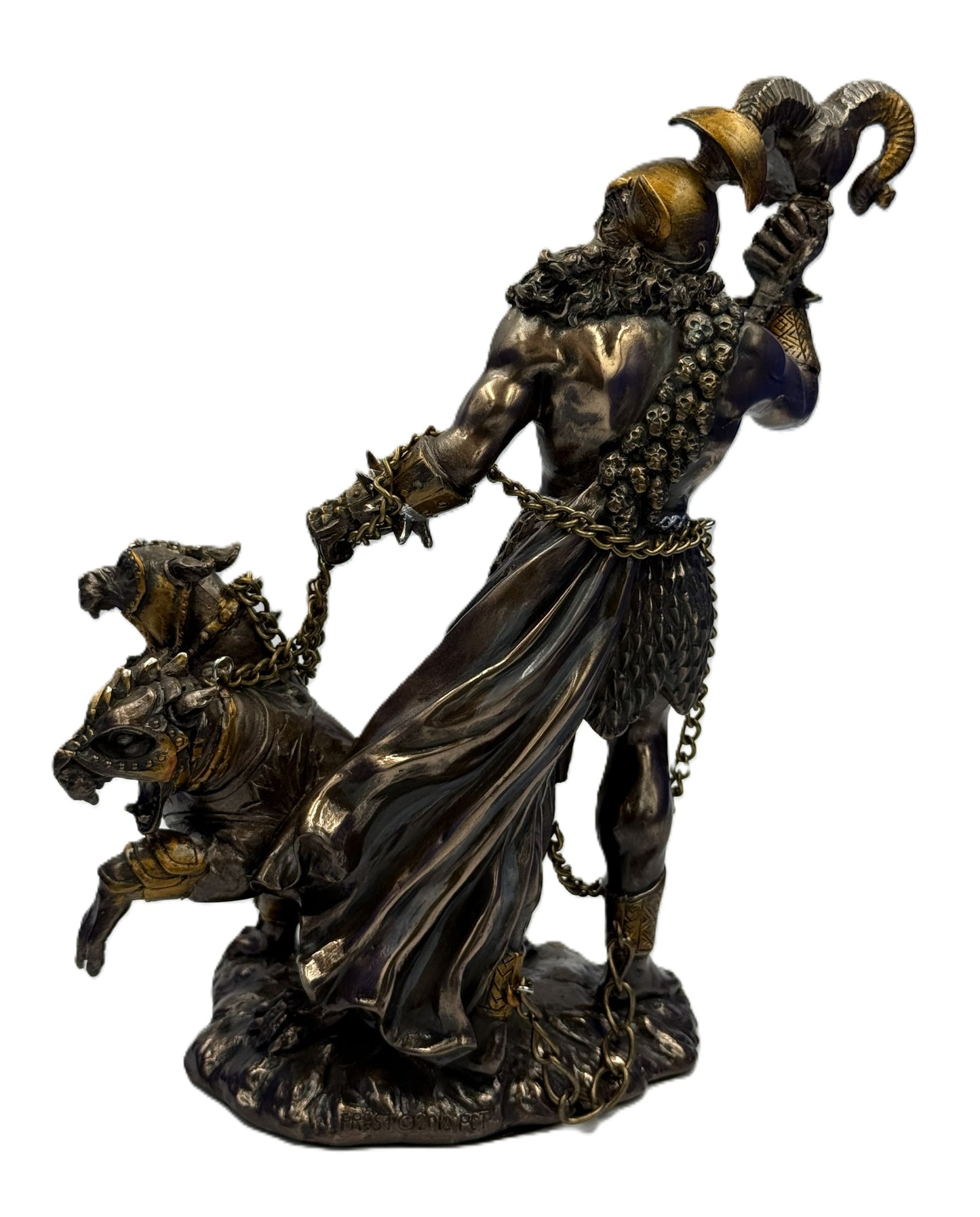 Back view of Hades statue showing flowing cloak and chained Cerberus heads
