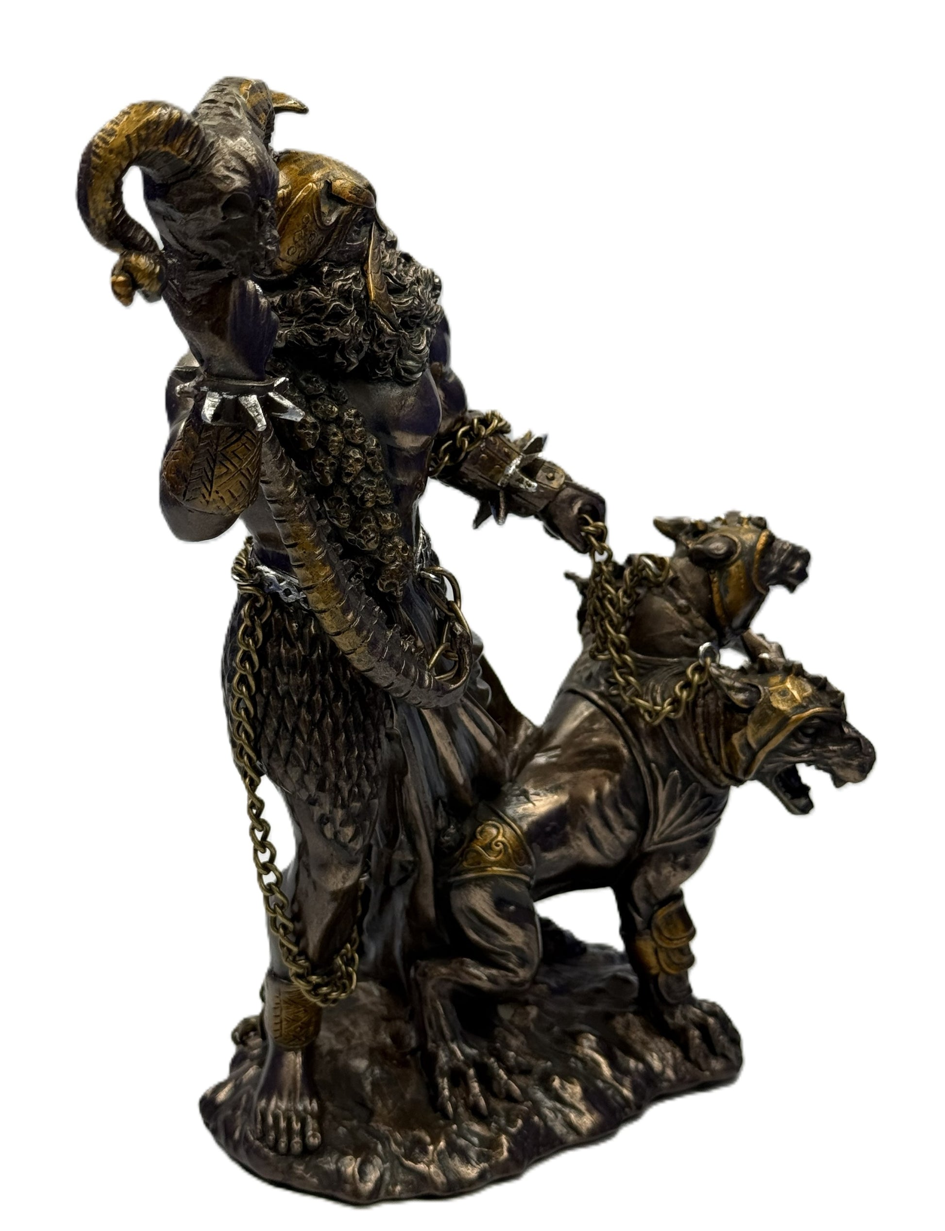 Side angle of Hades statue showing muscular form, chained Cerberus, and detailed armor
