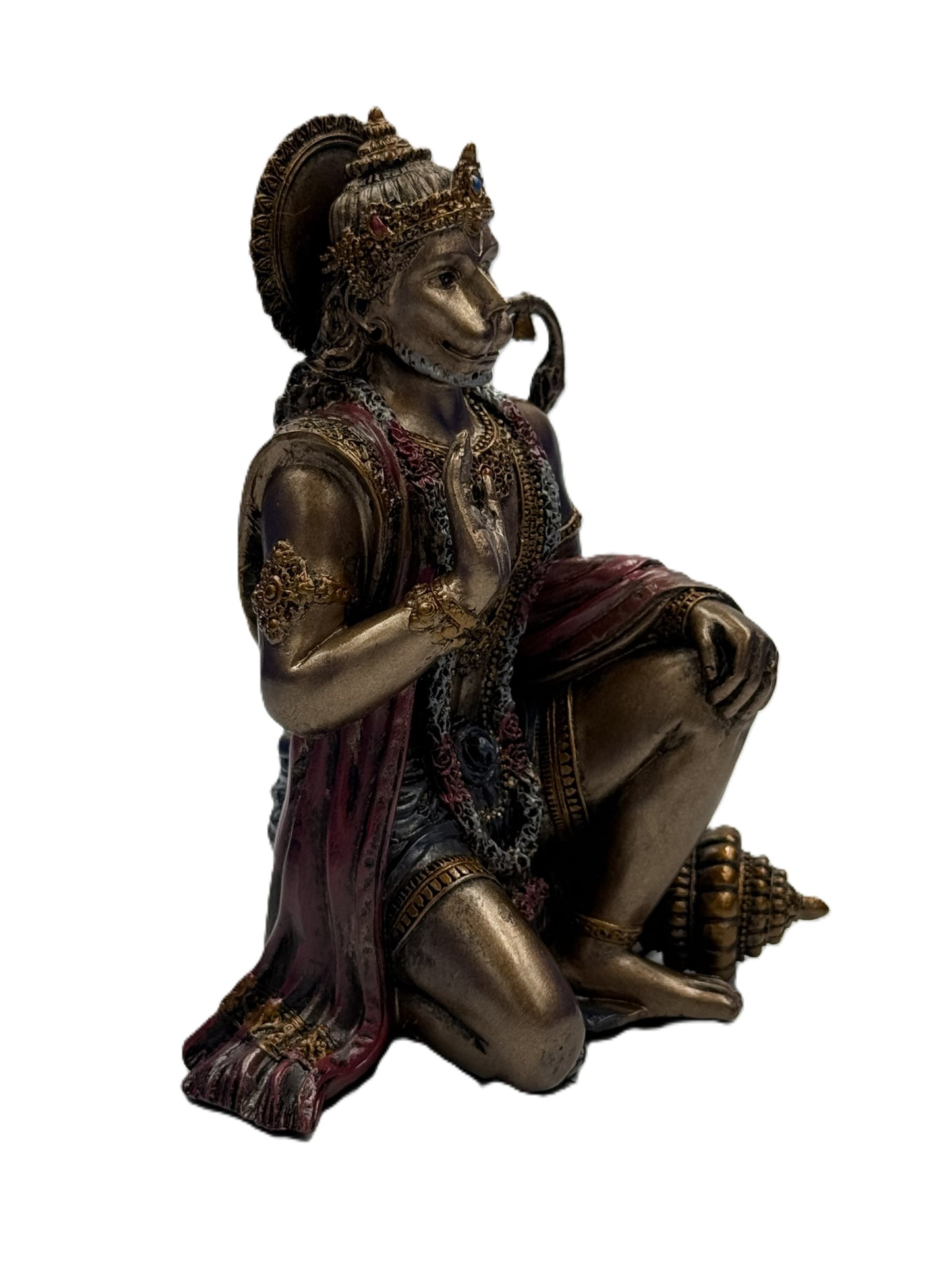 Angled view of Hanuman sculpture emphasizing intricate design, posture, and spiritual expression
