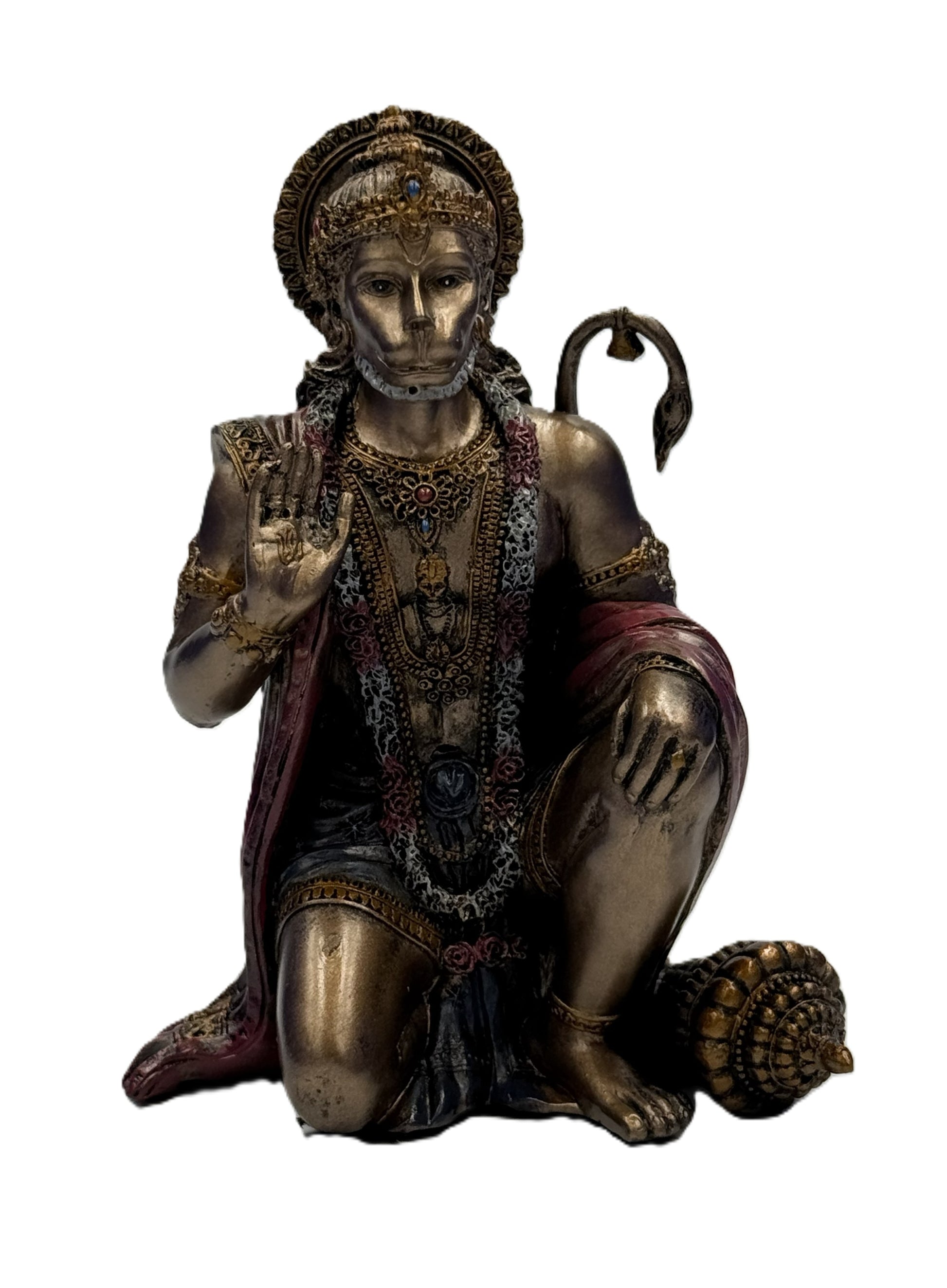 Front view of Hanuman Hindu deity statue in cold cast bronze with ornate crown, jewelry, and blessing gesture
