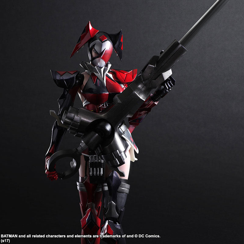 Harley Quinn Variant Play Arts Kai armored version holding heavy weapon accessory close up