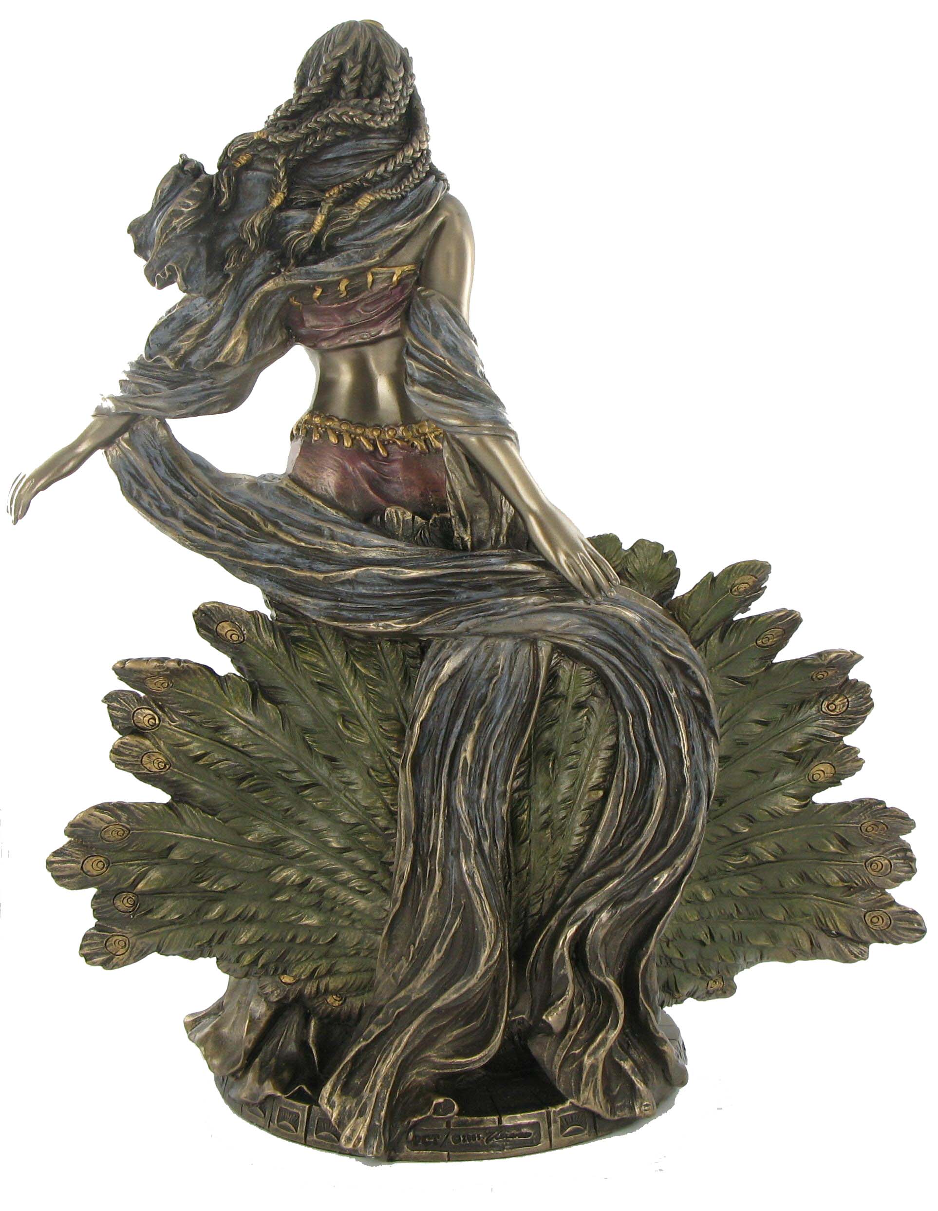Hera bronze statue back view with peacock feathers and detailed sculpting Greek mythology figure