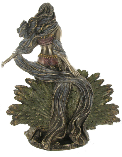 Hera bronze statue back view with peacock feathers and detailed sculpting Greek mythology figure