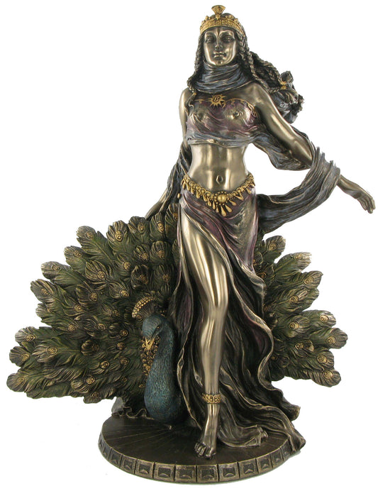 Hera cold cast bronze statue front view with peacock Greek mythology collectible figure