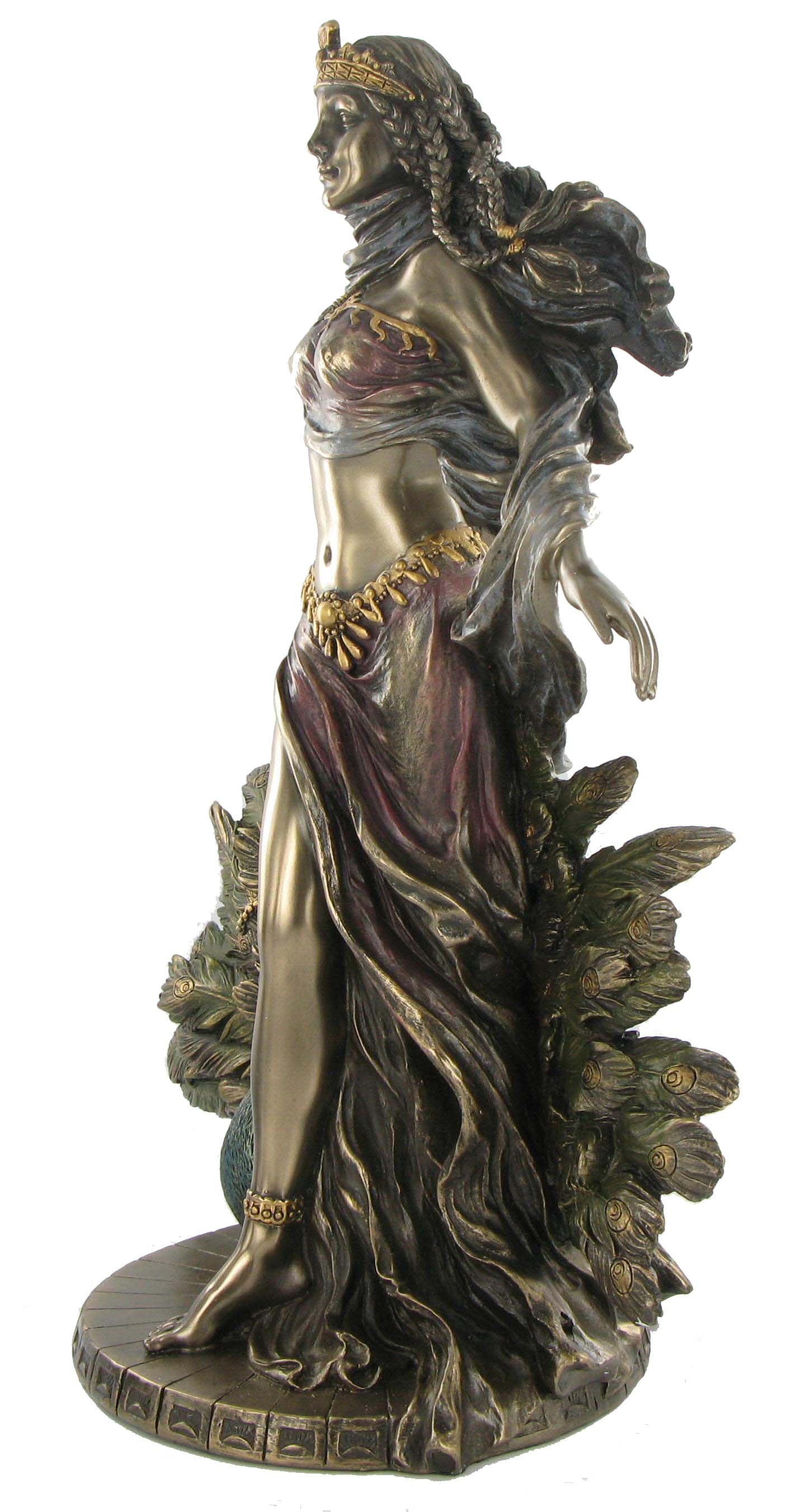 Hera bronze statue side view showing flowing dress and peacock detail mythology sculpture