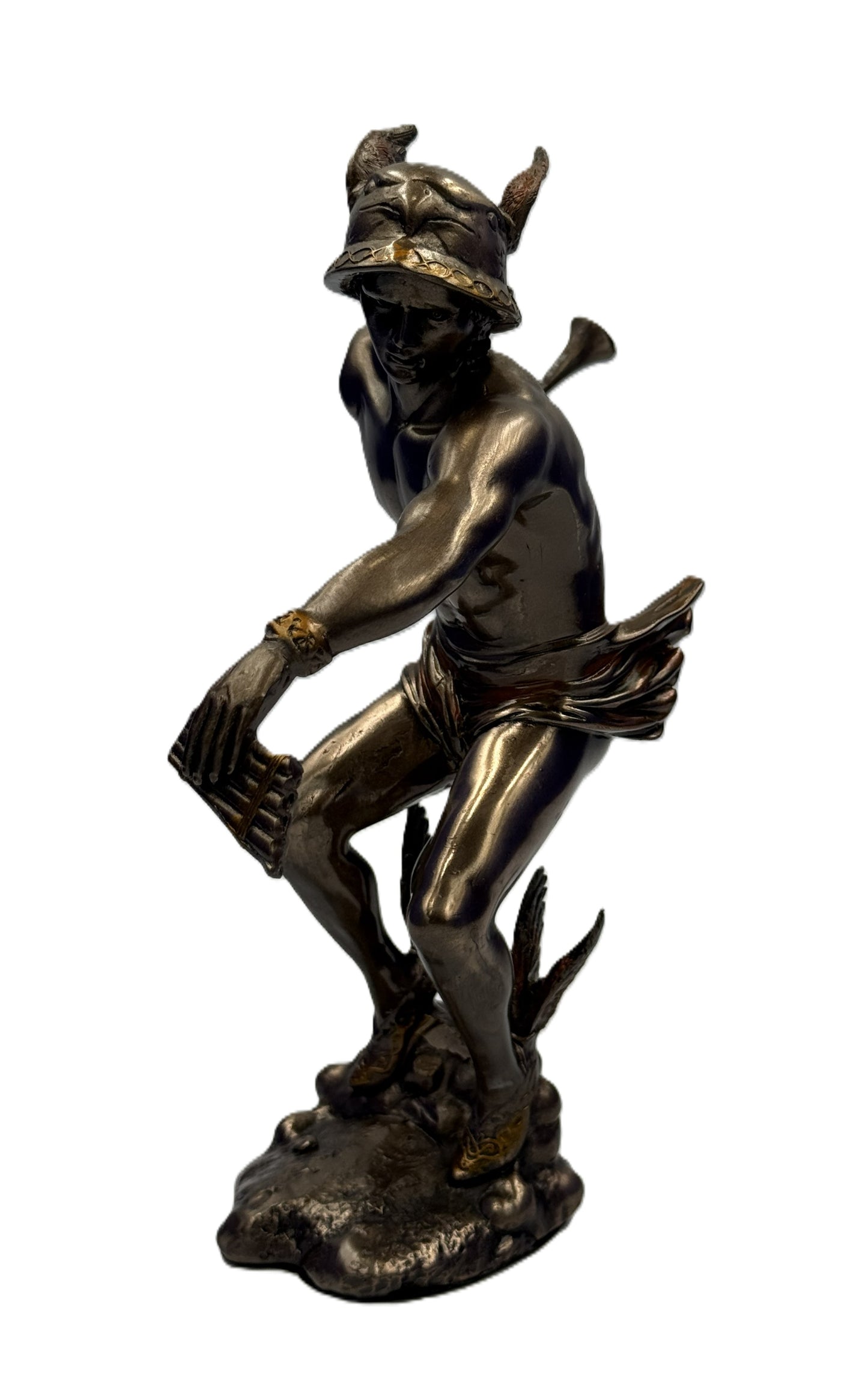 Angled view of Hermes statue showing muscular form, winged helmet, and detailed sculpting in bronze finish
