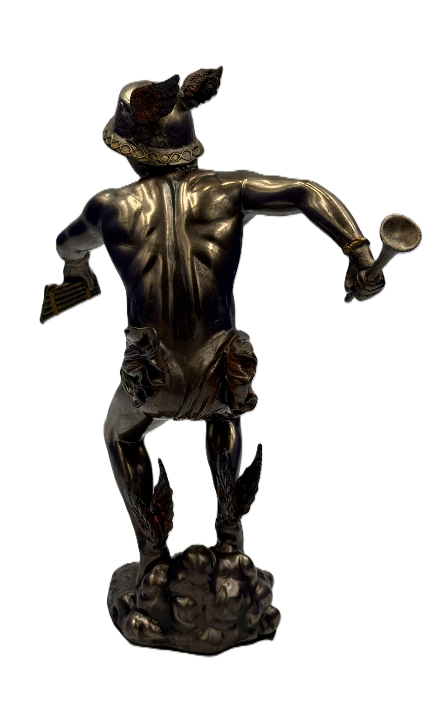 Back view of Hermes statue showing detailed musculature, wings, and flowing drapery
