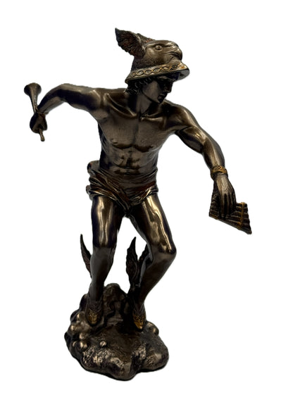 Front view of Hermes Greek messenger god statue with winged helmet holding caduceus and lyre in cold cast bronze finish
