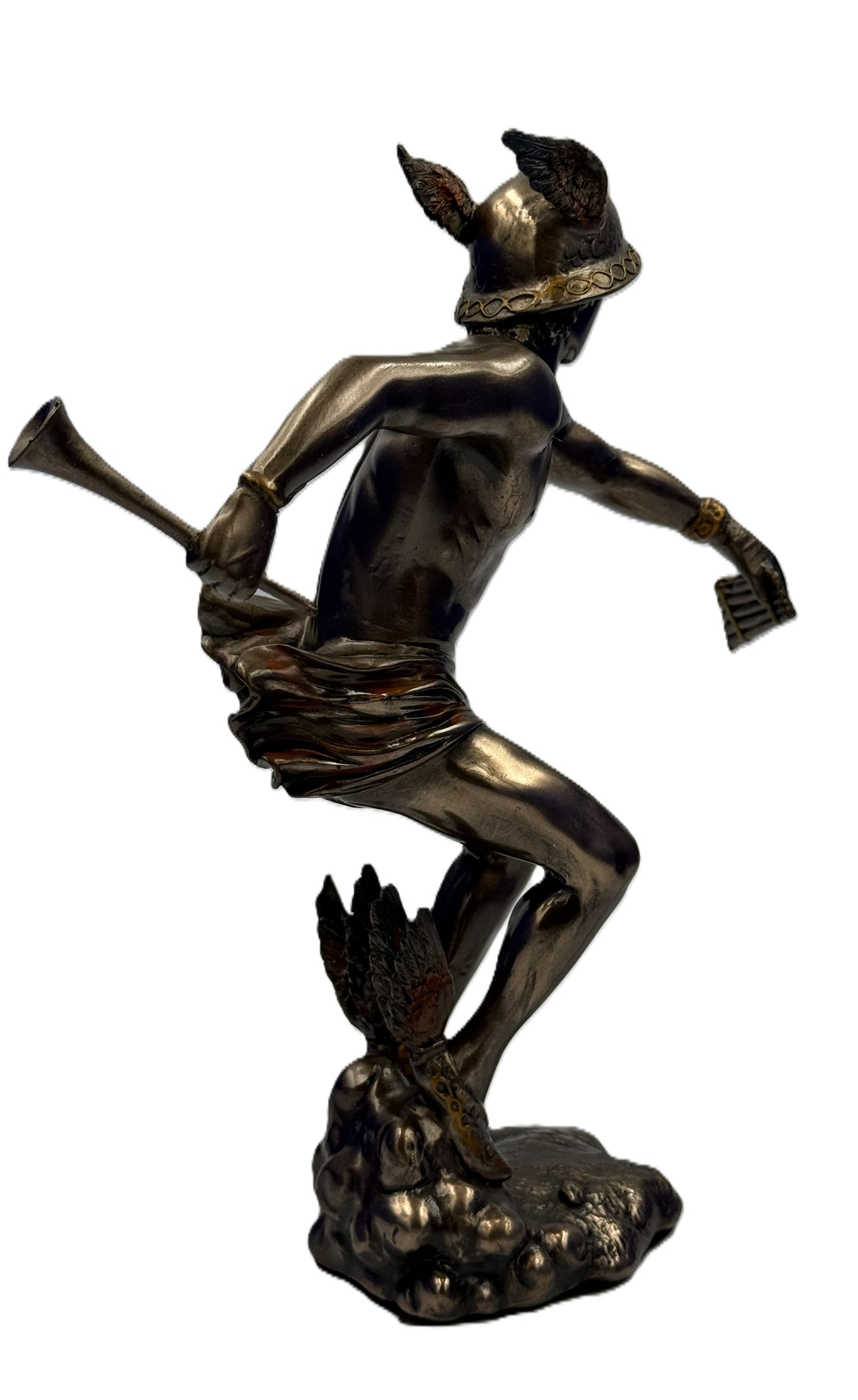 Rear angled view of Hermes figurine displaying winged helmet and movement in sculpted pose
