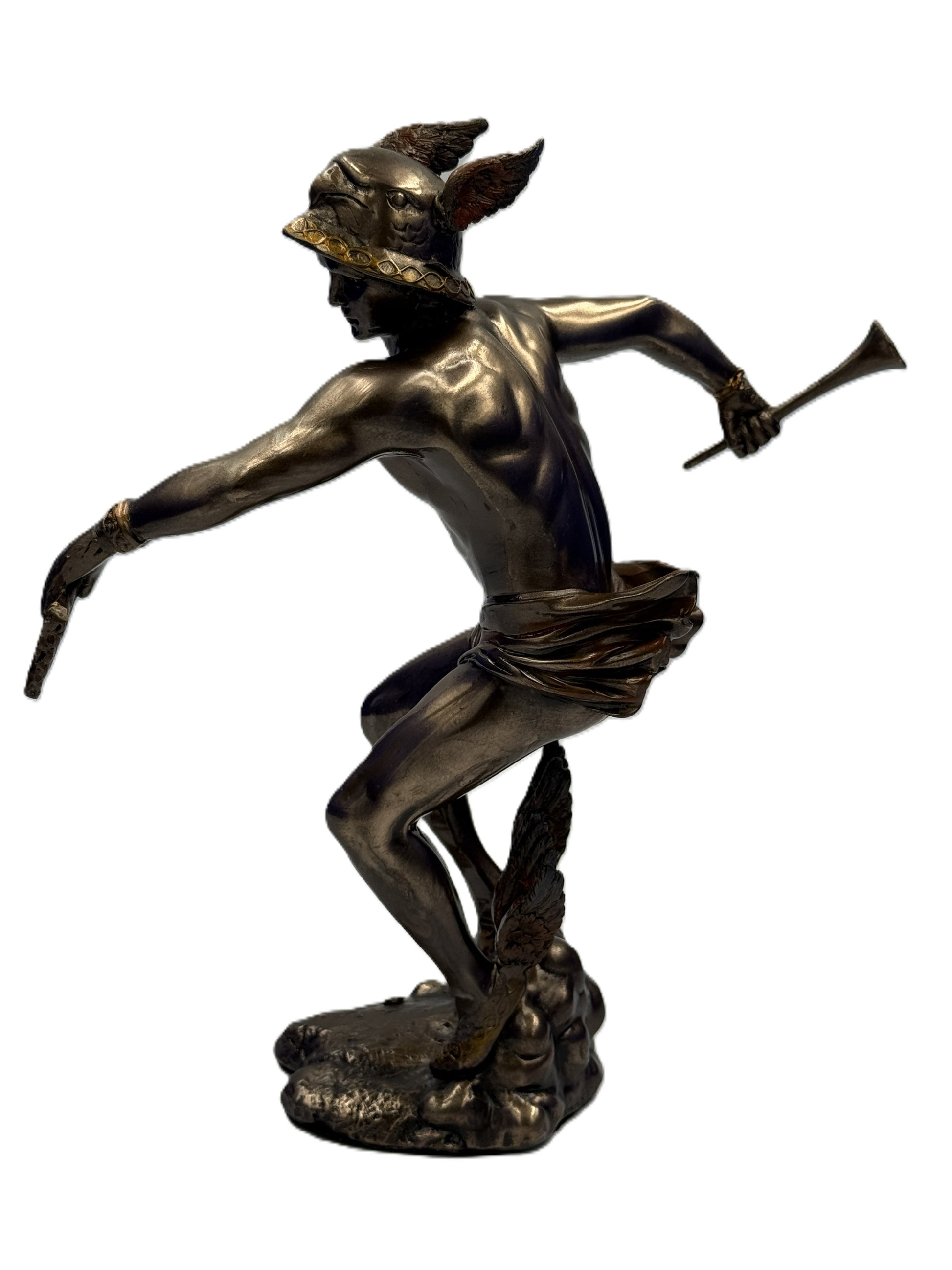 Side profile of Hermes figurine highlighting dynamic pose and winged sandals detail
