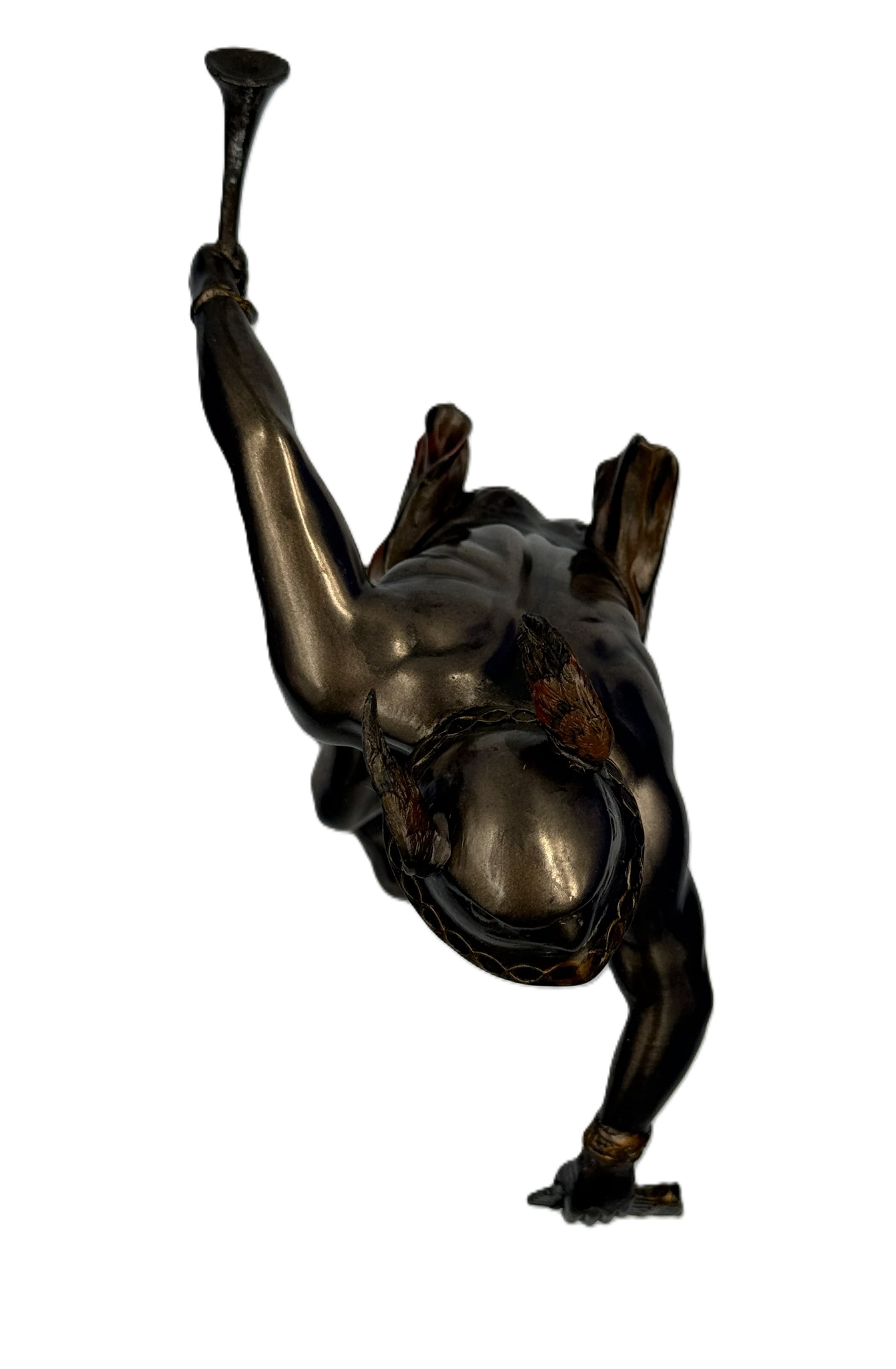 Top view of Hermes statue emphasizing winged helmet and upper body sculpt detail

