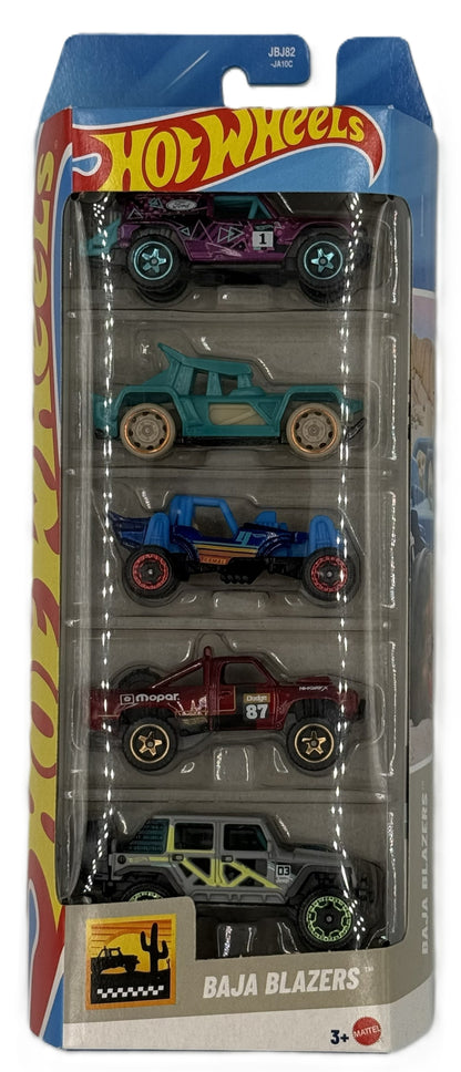 Hot Wheels Baja Blazers 5 pack front view showing off-road vehicles in packaging
