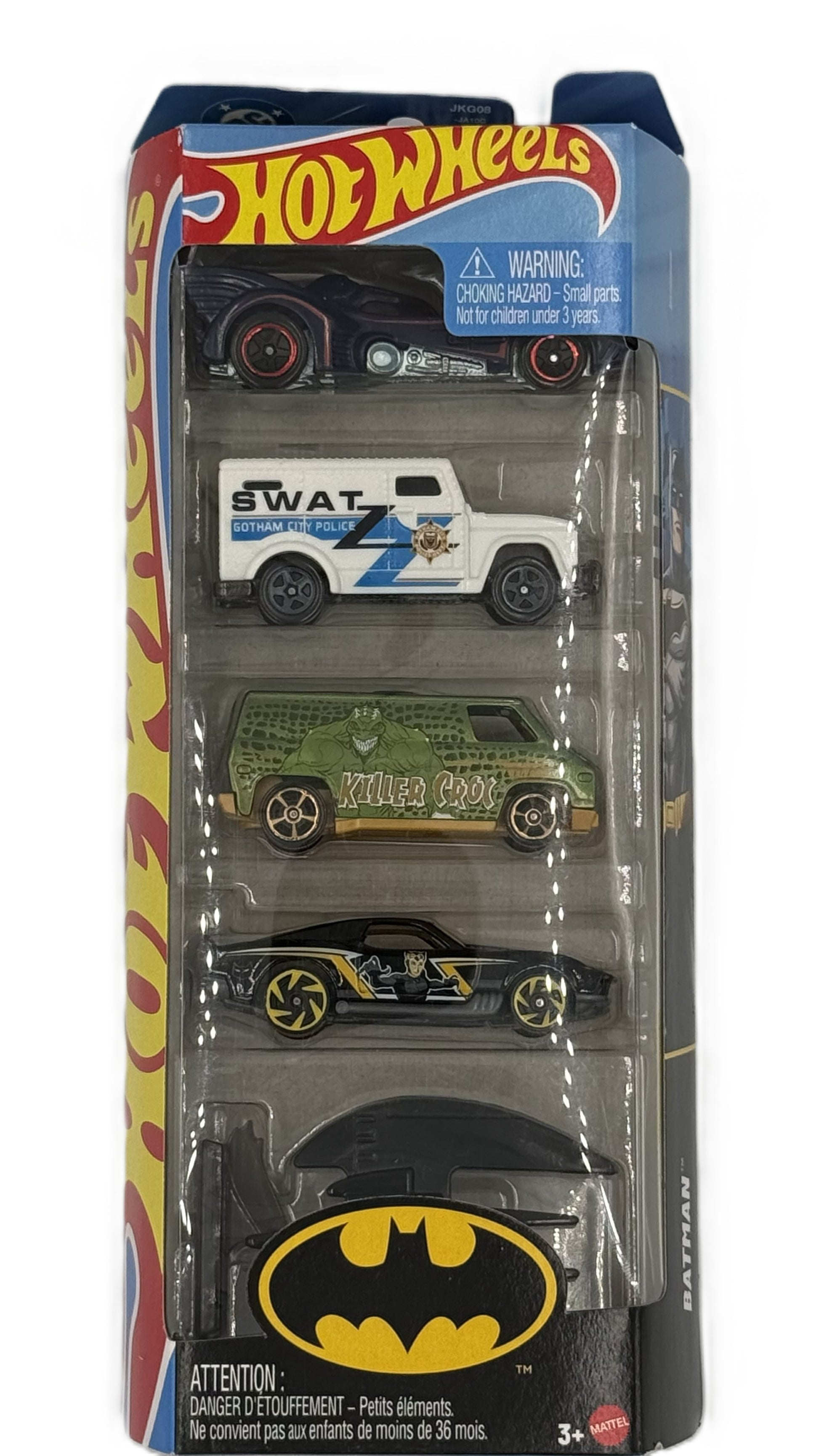 Hot Wheels Batman 5 car pack front view showing vehicles in packaging
