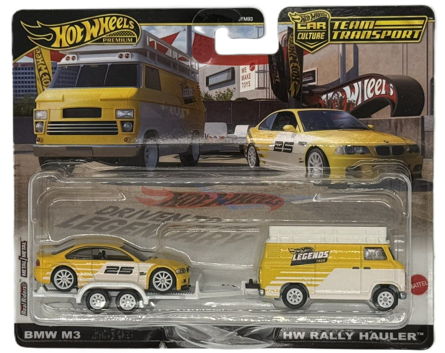 Hot Wheels Premium BMW M3 with HW Rally Hauler front view in packaging
