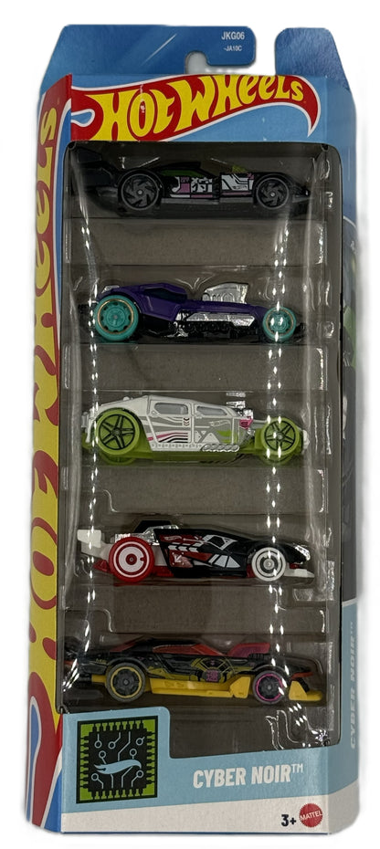 Hot Wheels Cyber Noir 5 pack front view showing futuristic vehicles in packaging
