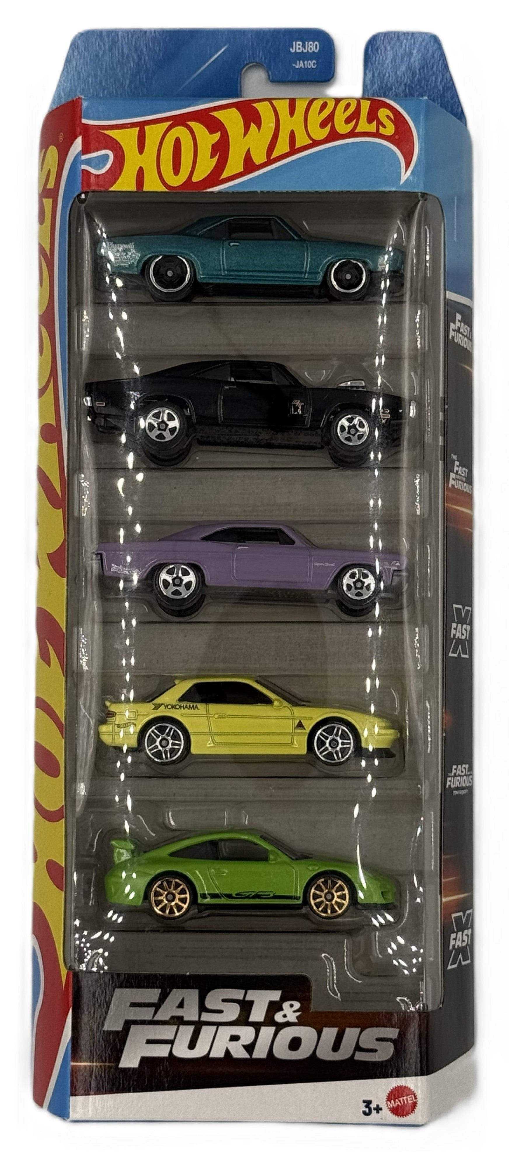 Hot Wheels Fast and Furious 5 pack front view showing diecast cars in packaging
