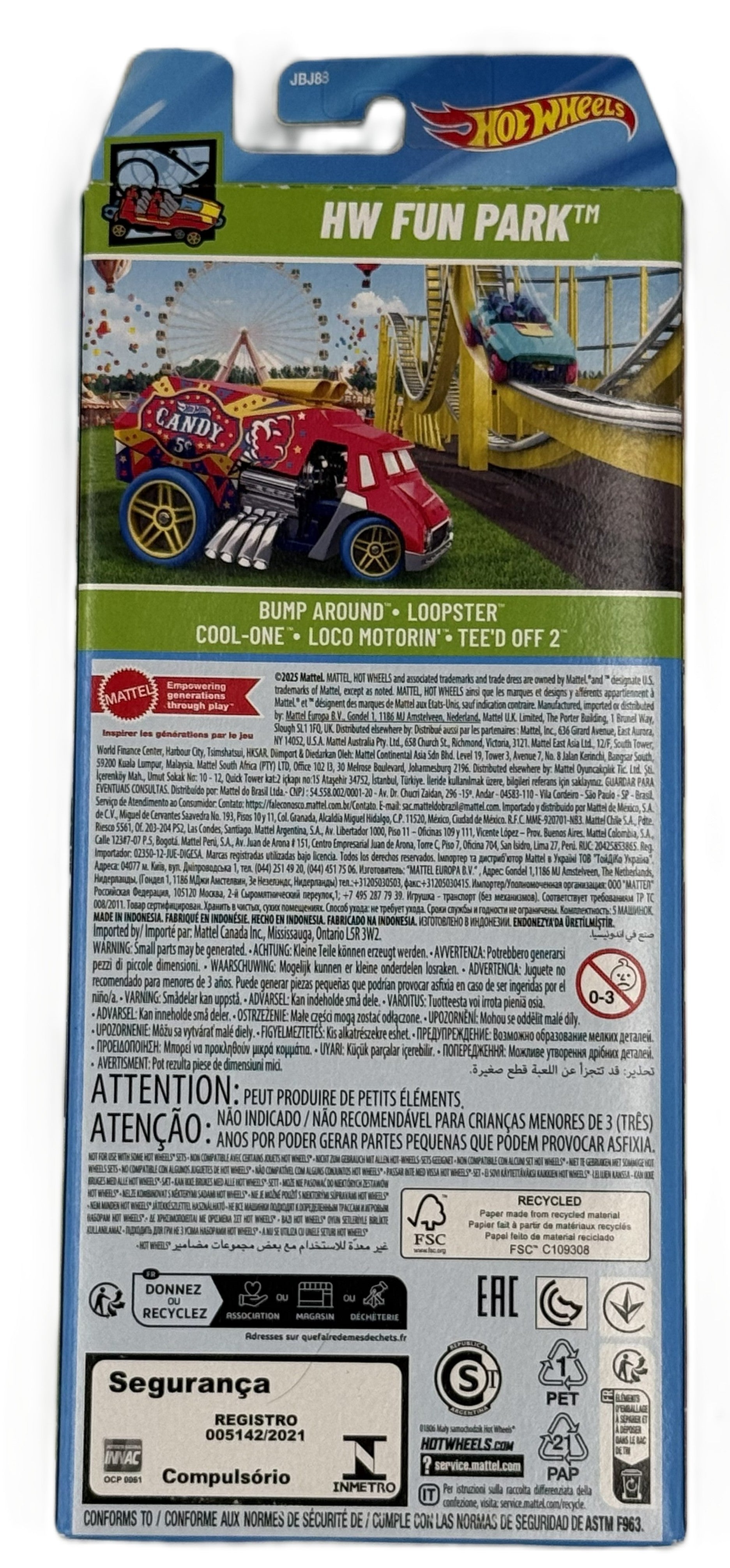 Hot Wheels HW Fun Park 5 pack back showing included vehicles and product details
