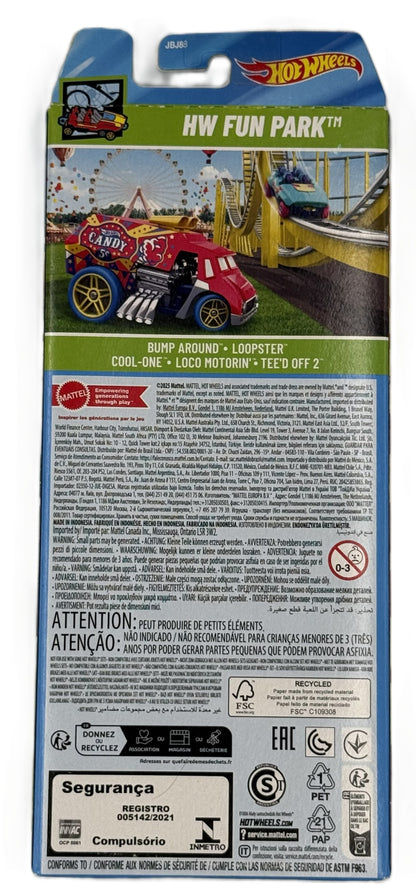 Hot Wheels HW Fun Park 5 pack back showing included vehicles and product details
