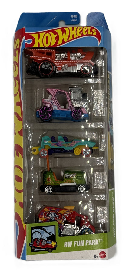 Hot Wheels HW Fun Park 5 pack front view showing themed vehicles in packaging
