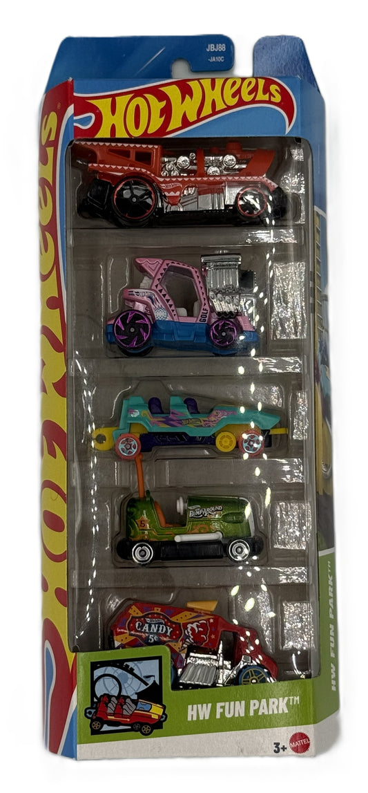 Hot Wheels HW Fun Park 5 pack front view showing themed vehicles in packaging
