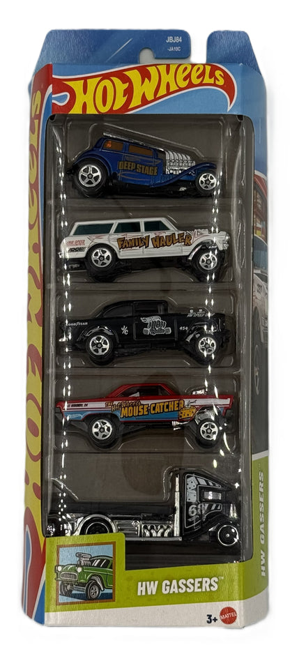 Hot Wheels HW Gassers 5 pack front view showing drag racing style vehicles in packaging
