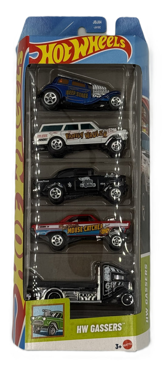 Hot Wheels HW Gassers 5 pack front view showing drag racing style vehicles in packaging
