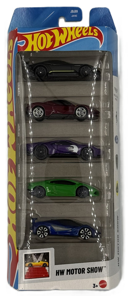 Hot Wheels HW Motor Show 5 pack front view showing exotic supercars in packaging
