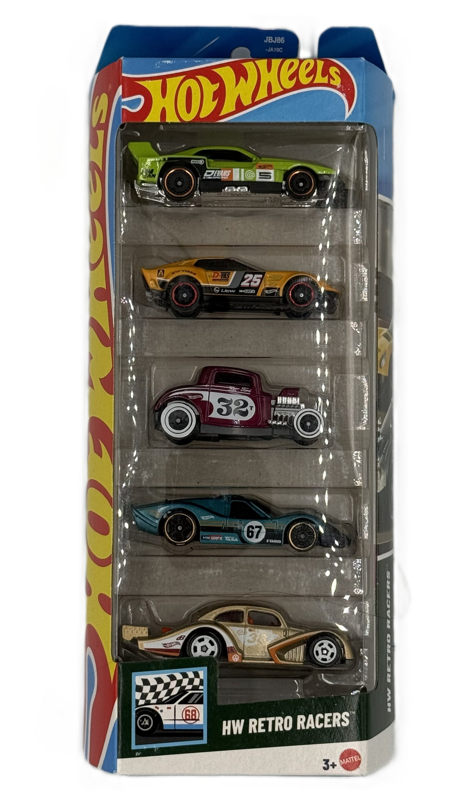 Hot Wheels HW Retro Racers 5 pack front view showing five die cast cars in packaging
