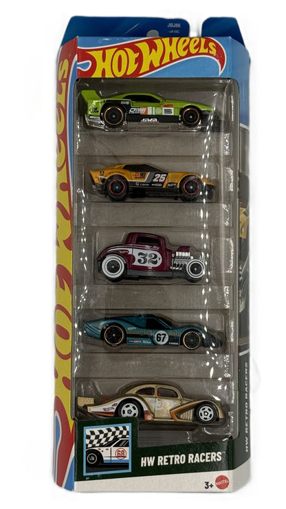 Hot Wheels HW Retro Racers 5 pack front view showing five die cast cars in packaging
