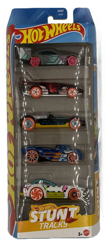 Hot Wheels Stunt Tracks 5 pack front view showing track ready cars in packaging
