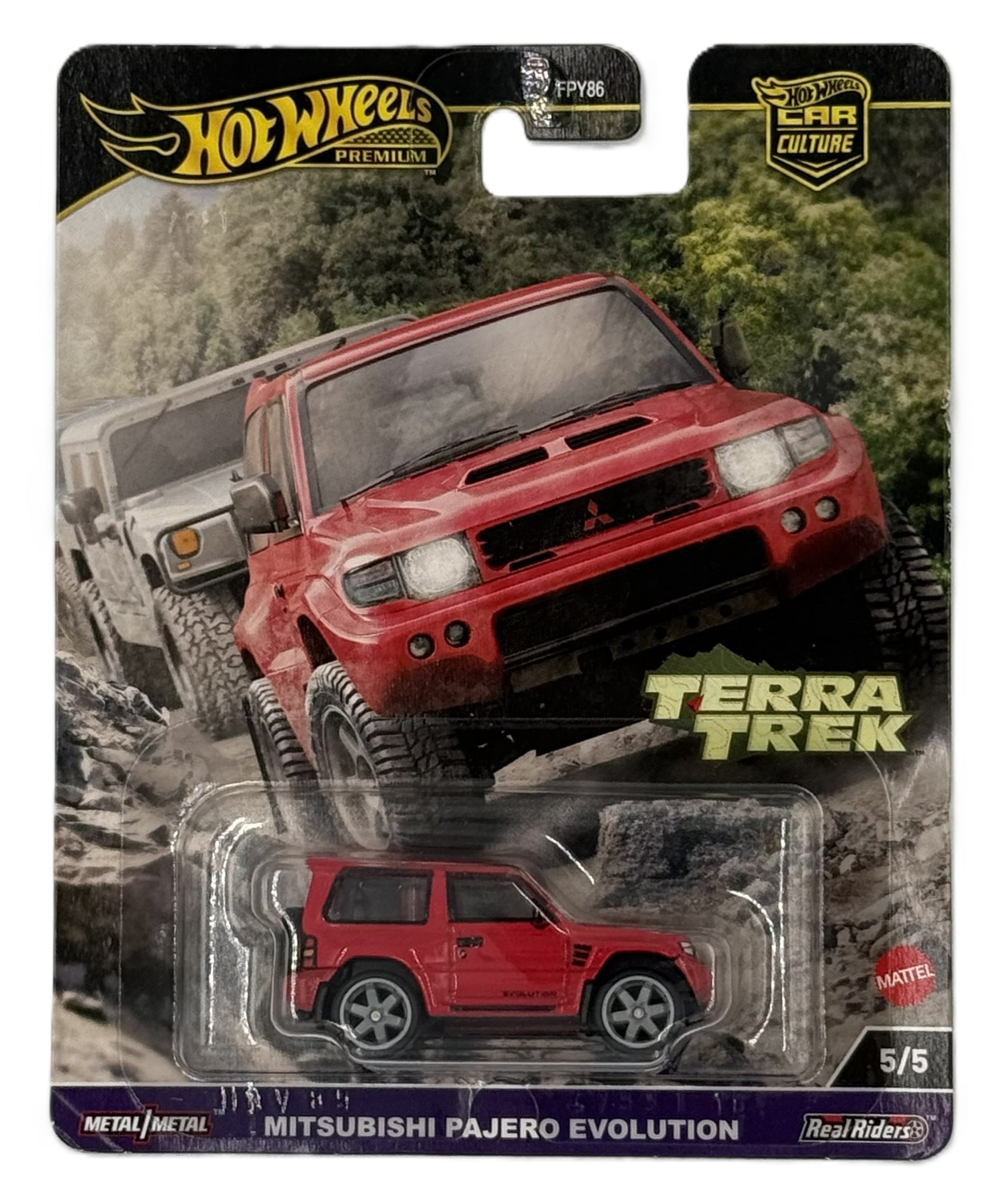 Hot Wheels Premium Terra Trek Mitsubishi Pajero Evolution front view in packaging
