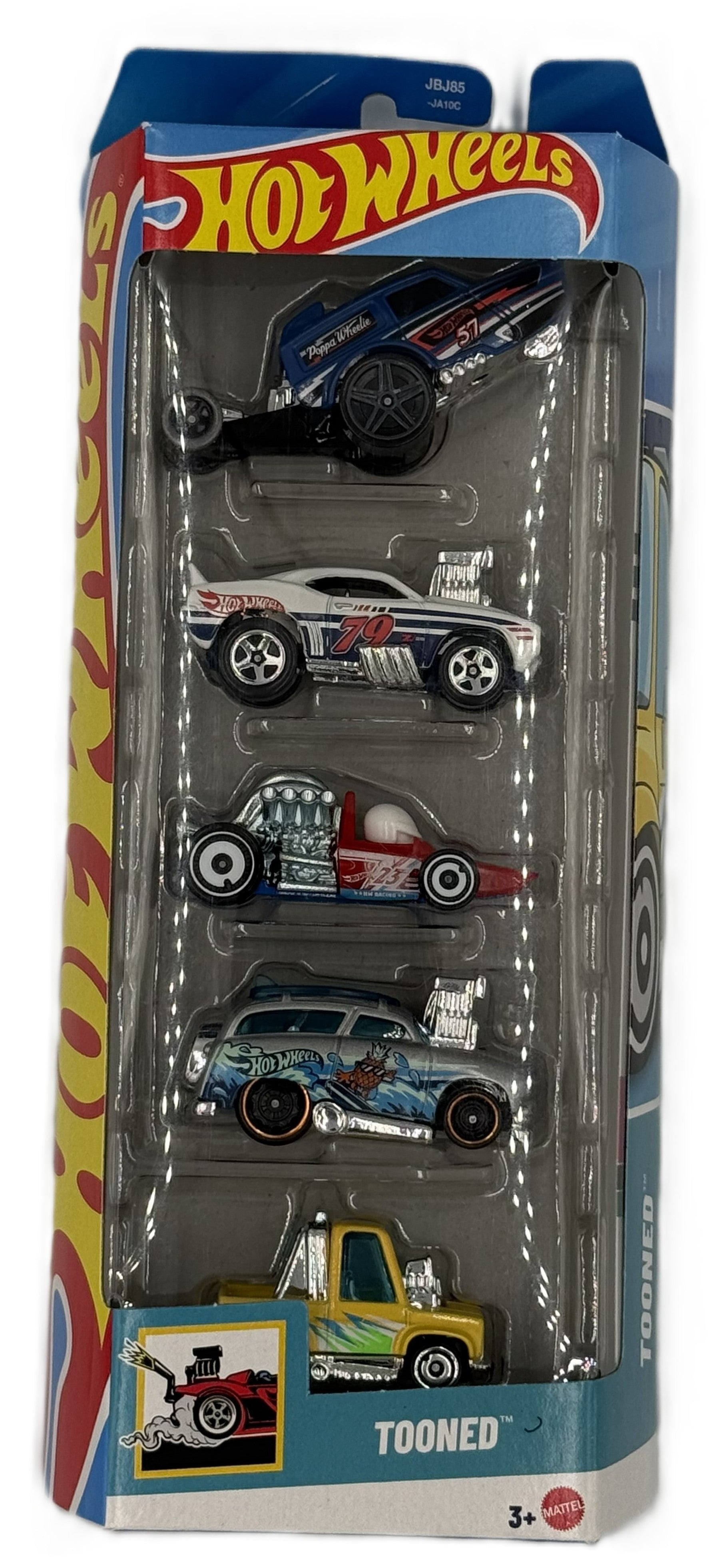 Hot Wheels Tooned 5 pack front view showing cartoon style vehicles in packaging
