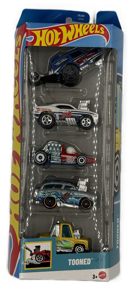Hot Wheels Tooned 5 pack front view showing cartoon style vehicles in packaging
