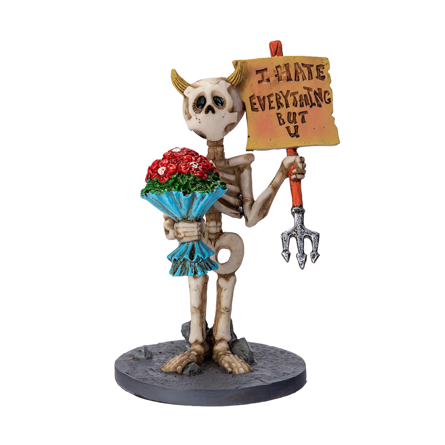 Front view of skeleton holding bouquet and sign saying I hate everything but you

