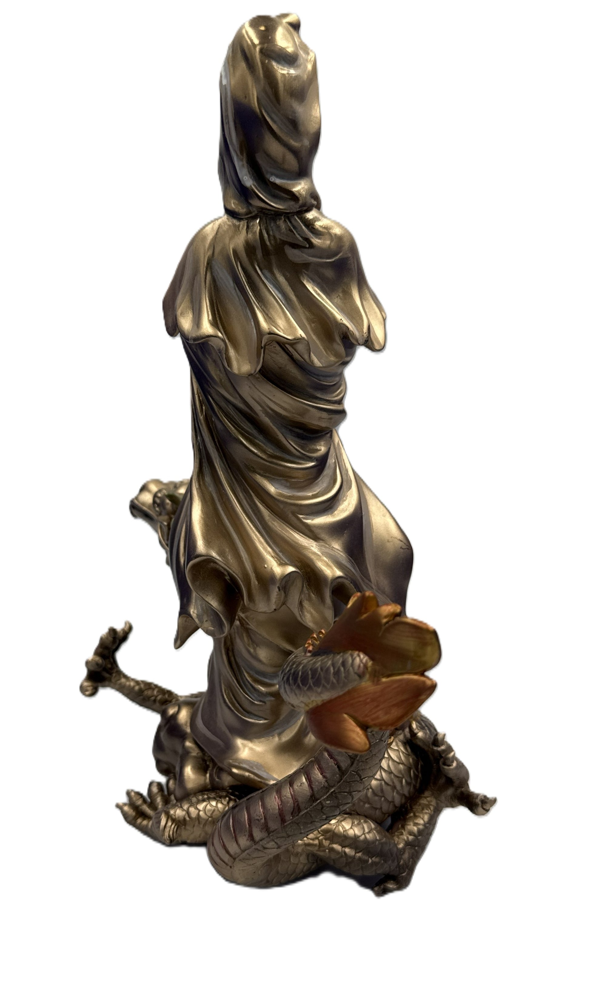Back left view of Kuan Yin statue with flowing robe details and coiled dragon beneath in bronze finish
