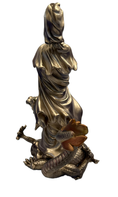 Back left view of Kuan Yin statue with flowing robe details and coiled dragon beneath in bronze finish
