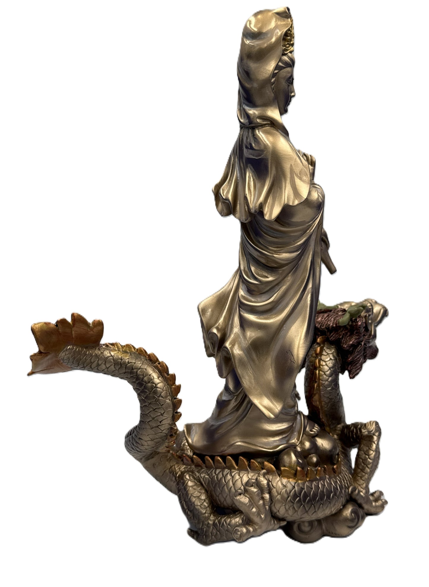 Back right view of Kuan Yin dragon statue showing textured robes and dragon tail wrapping around base
