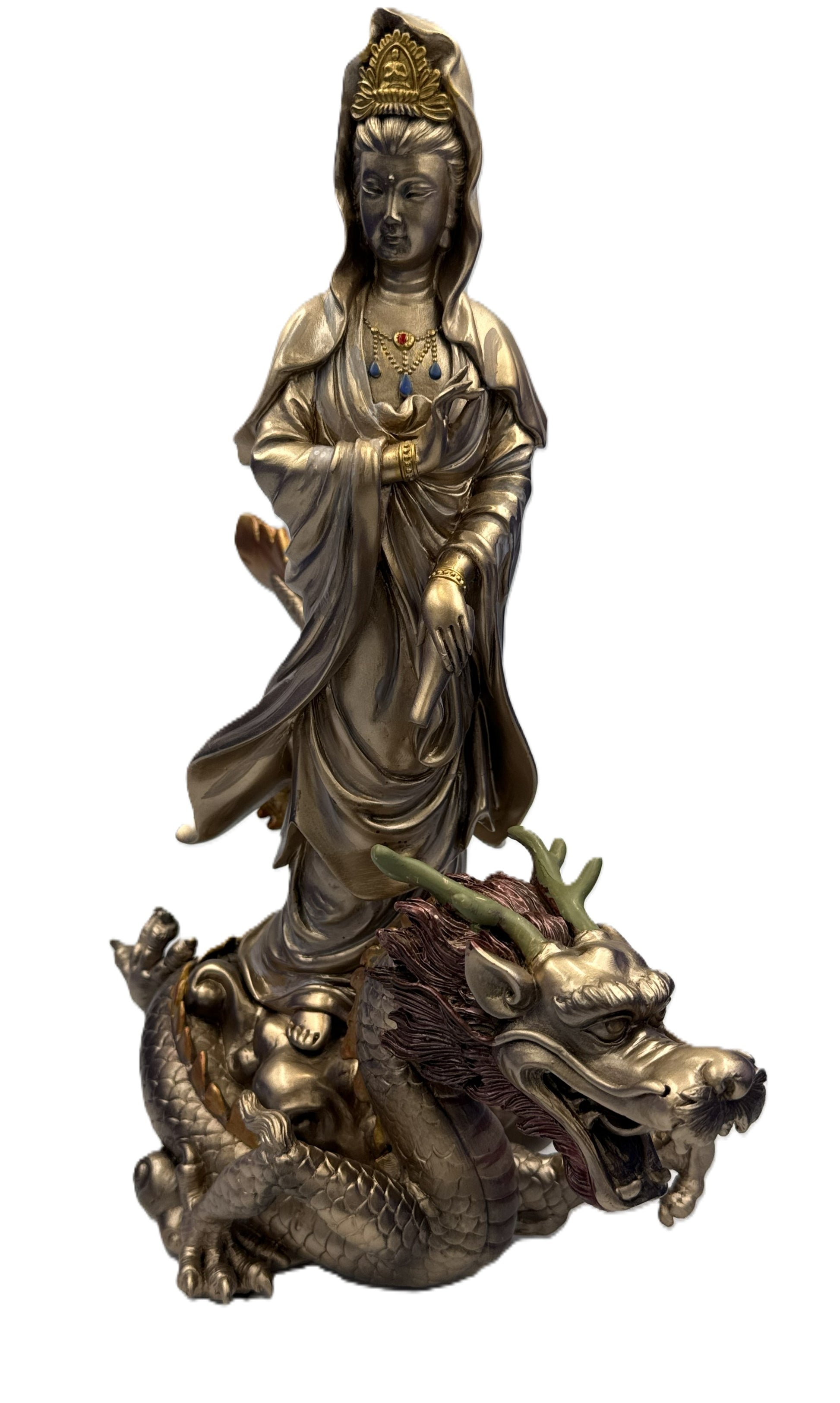 Front right view of Kuan Yin with dragon figurine detailed facial features and ornate dragon head base
