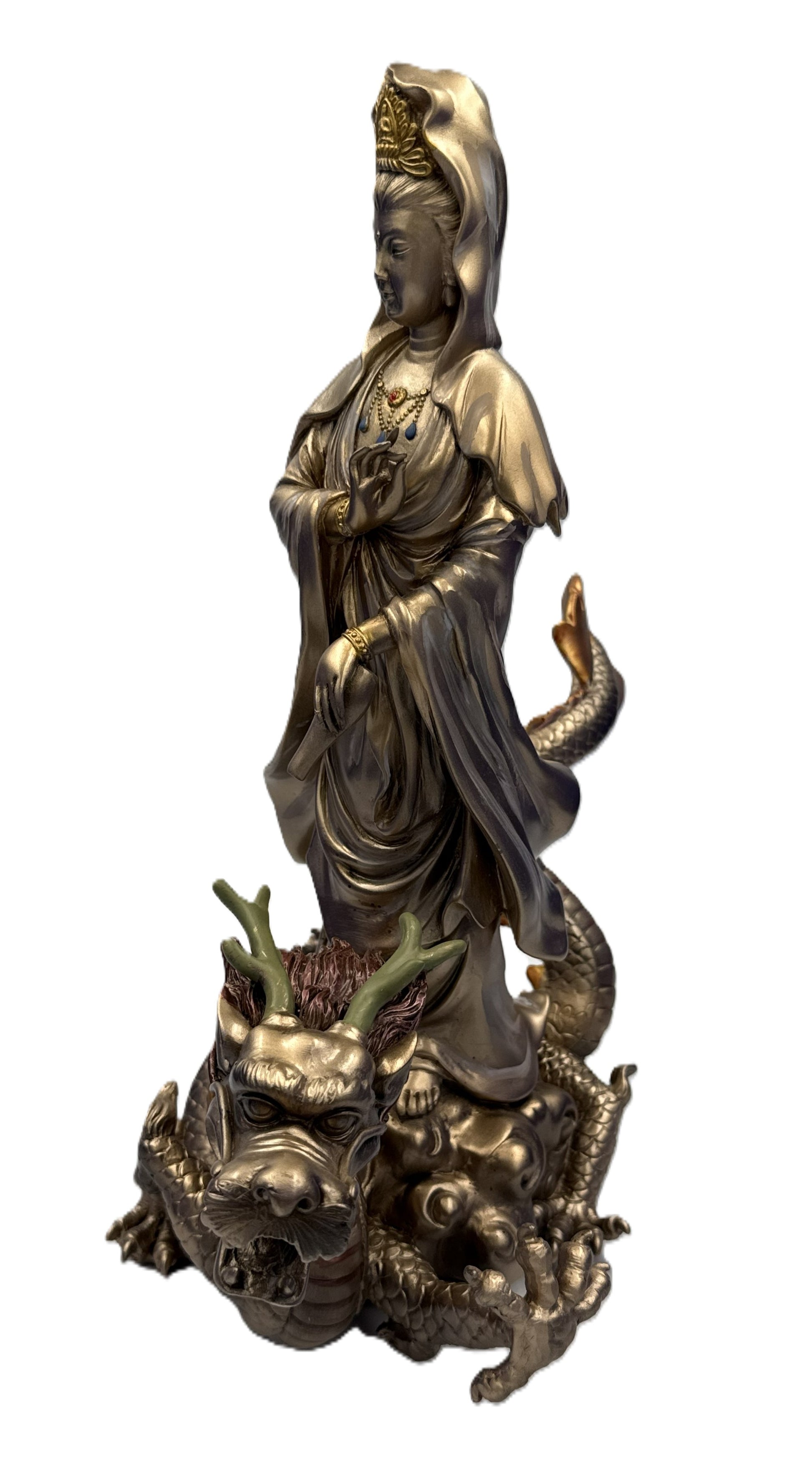 Front view of Kuan Yin with dragon statue showing serene expression flowing robes and intricate dragon base
