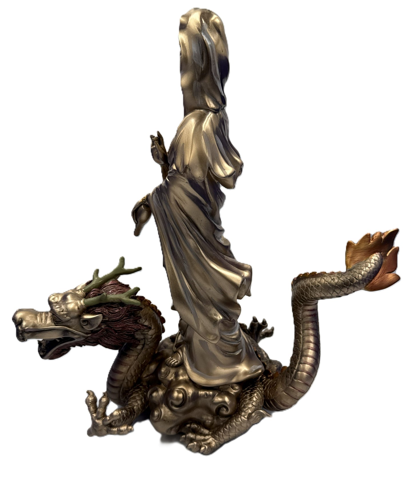 Left side view of Kuan Yin figurine with dragon base highlighting sculpted details and cold cast bronze finish
