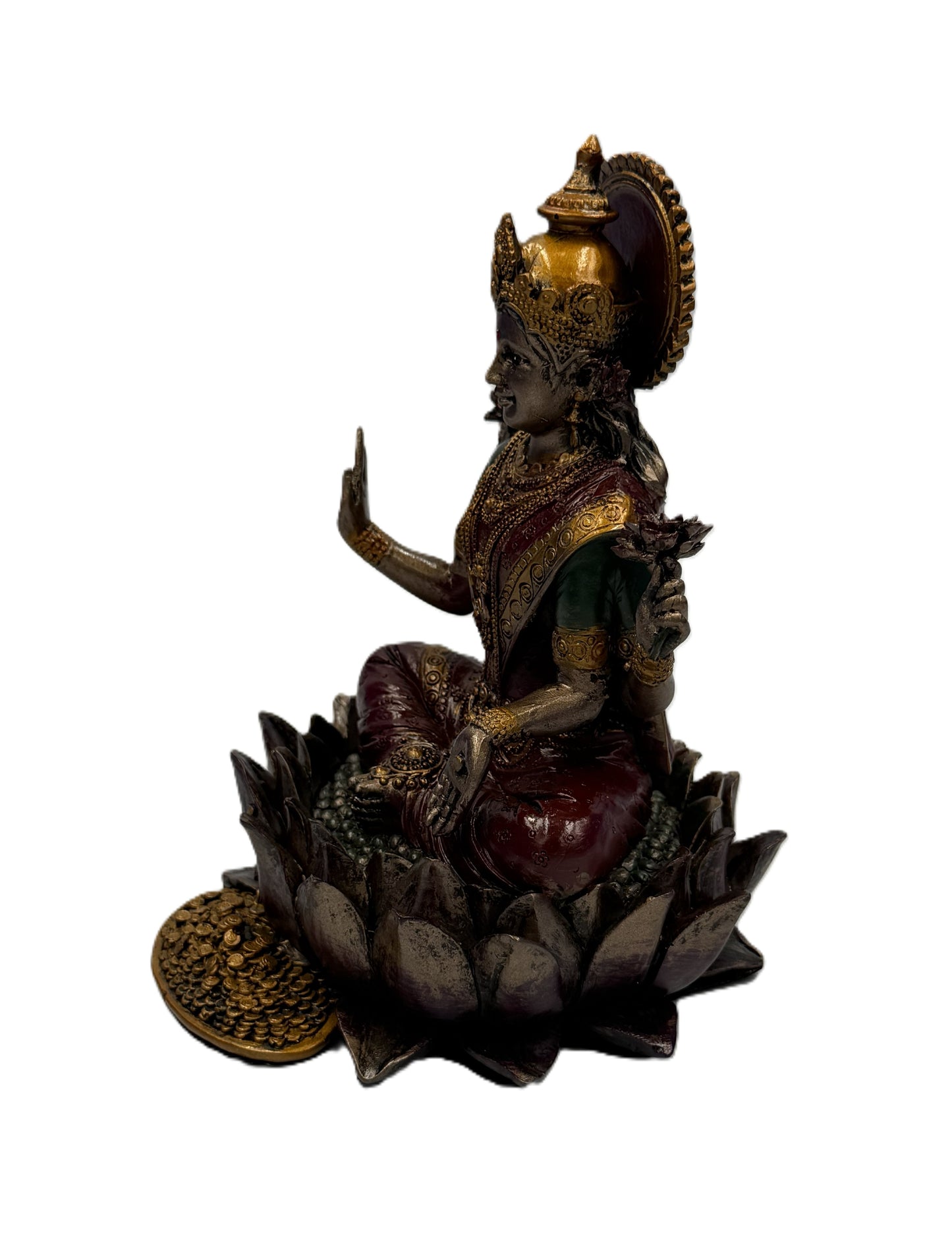 Left angled view of Lakshmi statue holding lotus flowers with ornate crown and detailed jewelry
