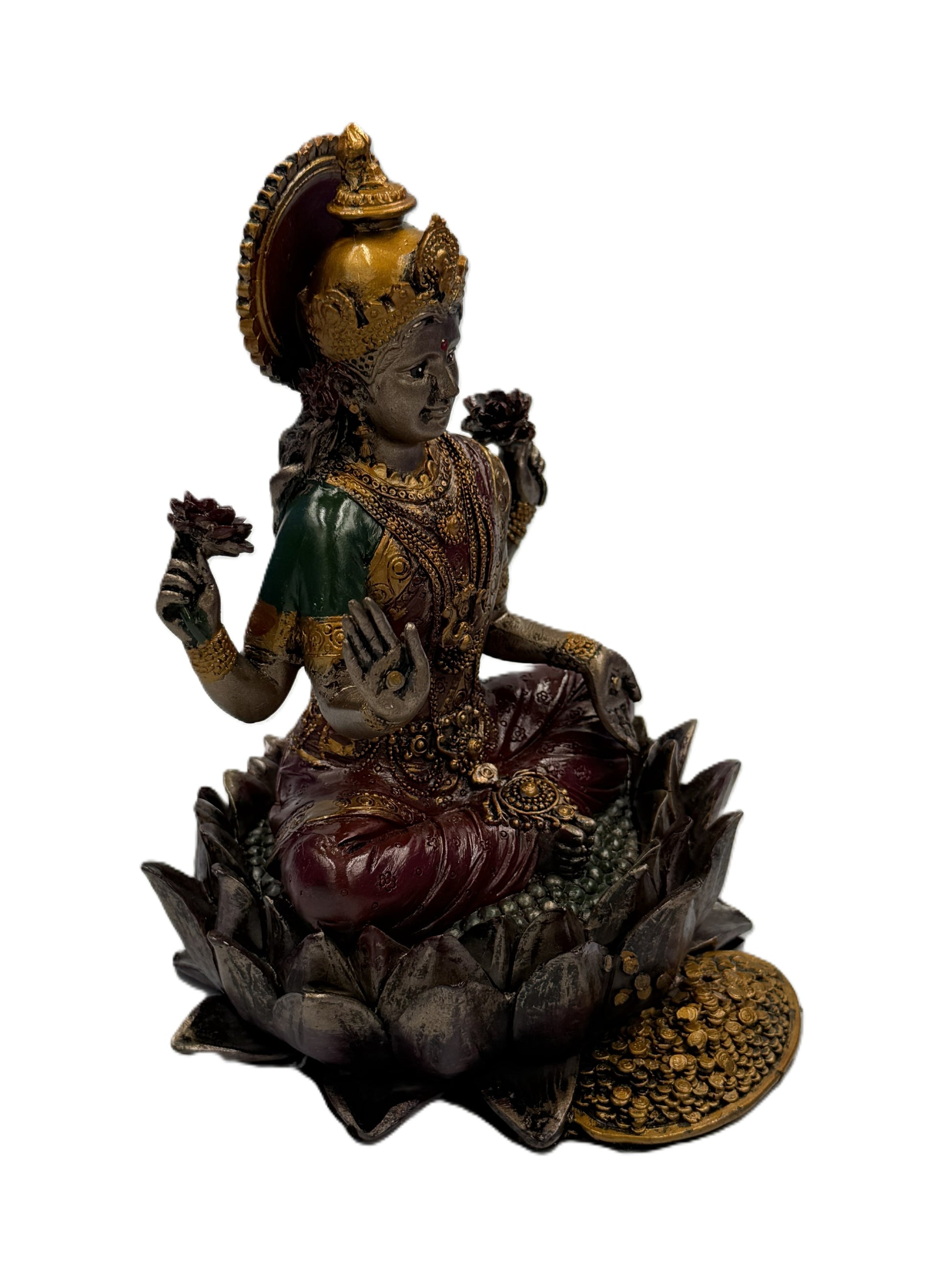 Right angled view of Lakshmi statue with raised blessing hand and lotus flowers in both hands
