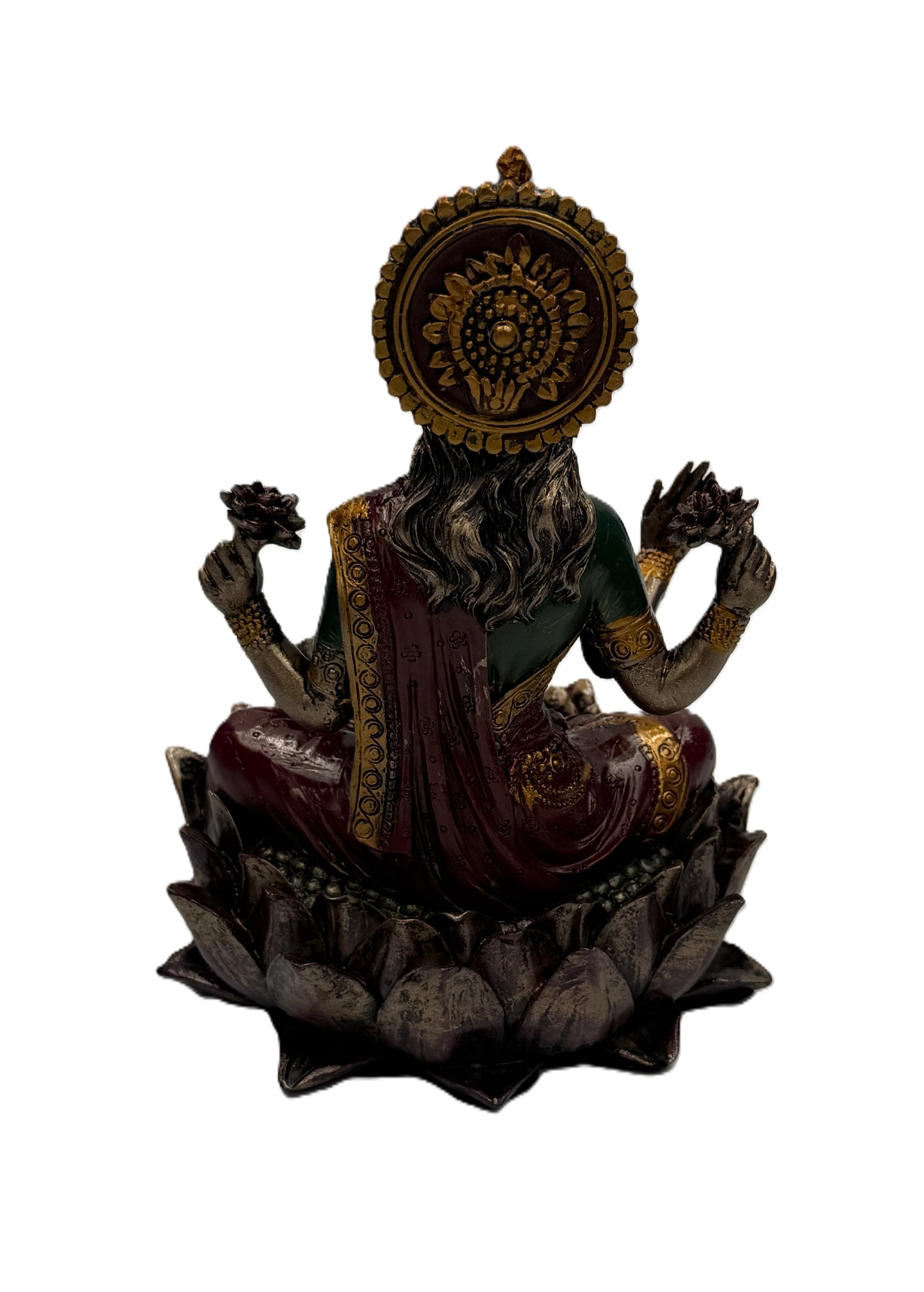 Back view of Lakshmi statue showing detailed hair, halo design, and sculpted lotus base
