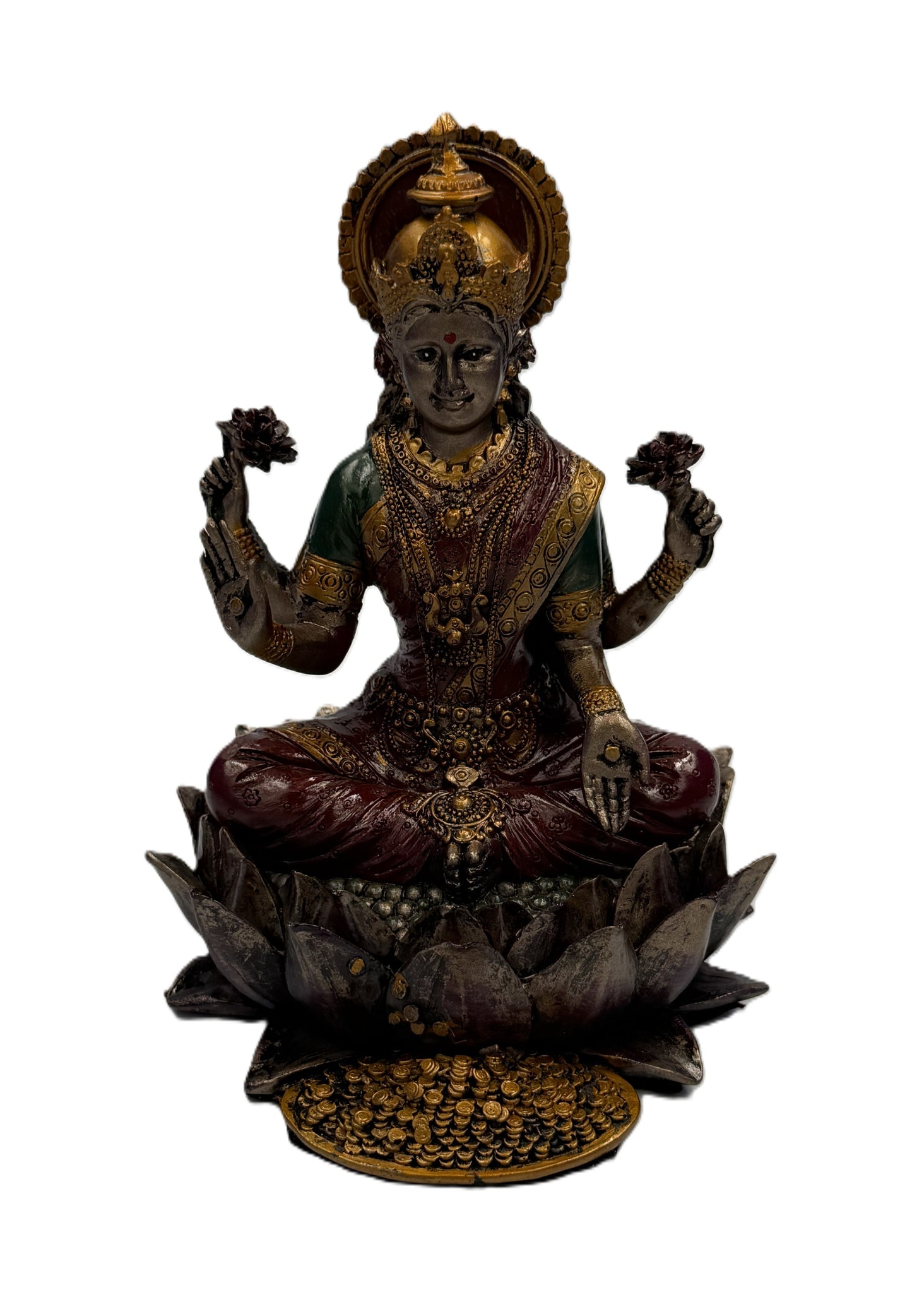 Front view of Lakshmi Hindu goddess statue seated on lotus with gold coins symbolizing wealth and prosperity
