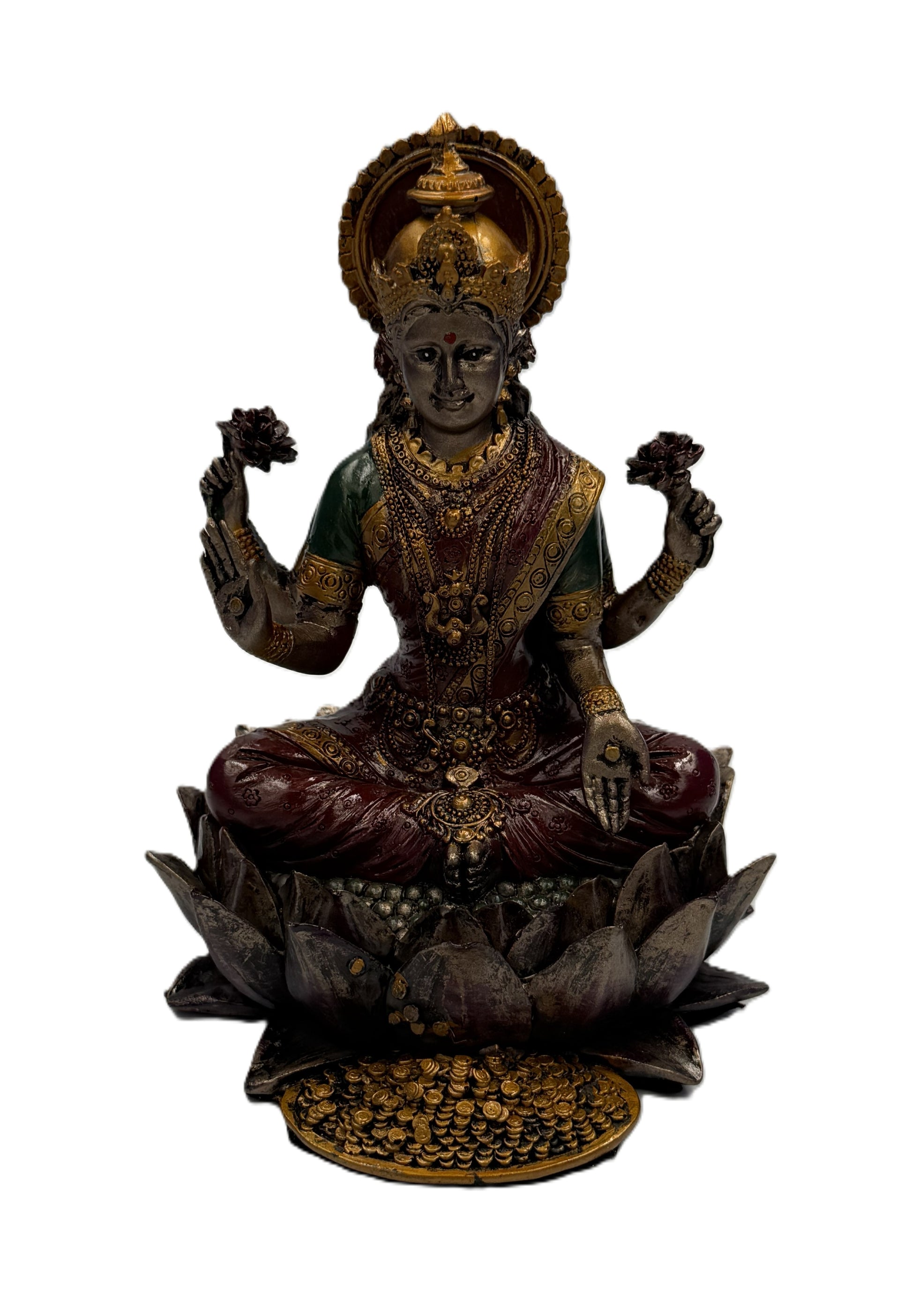 Front view of Lakshmi Hindu goddess statue seated on lotus with gold coins symbolizing wealth and prosperity
