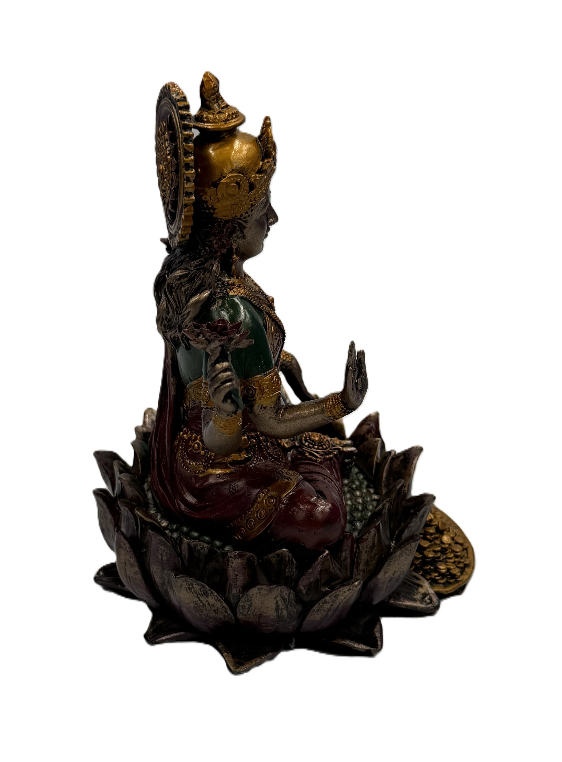 Side view of Lakshmi statue highlighting lotus pedestal and flowing garments with intricate accents
