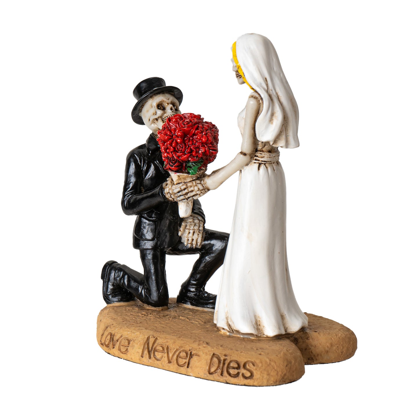 Angled front view of gothic skeleton wedding statue with engraved base love never dies
