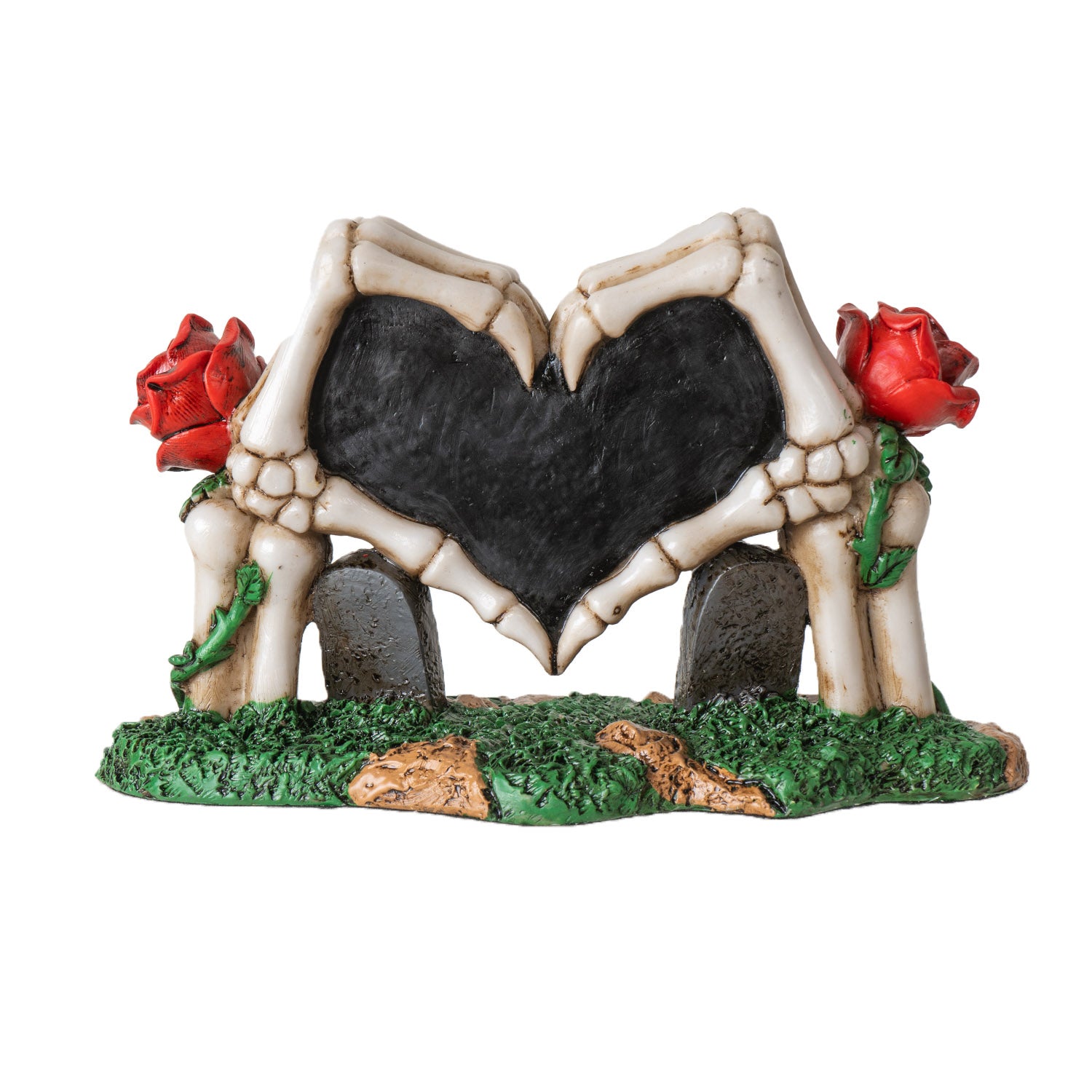 Back view of gothic skeleton hands heart figurine showing bone details and structure
