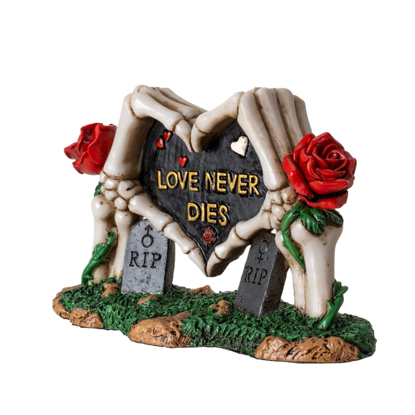 Angled front view of skeleton hands heart figurine with engraved love never dies plaque
