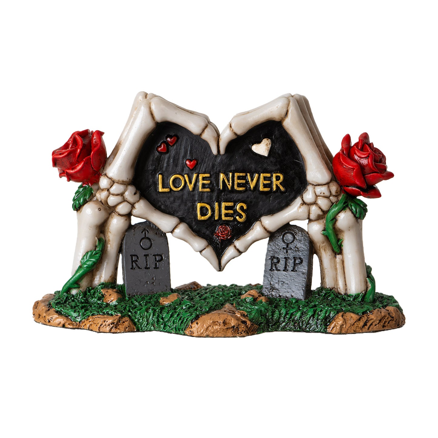 Front view of skeleton hands forming heart statue with love never dies text and red roses
